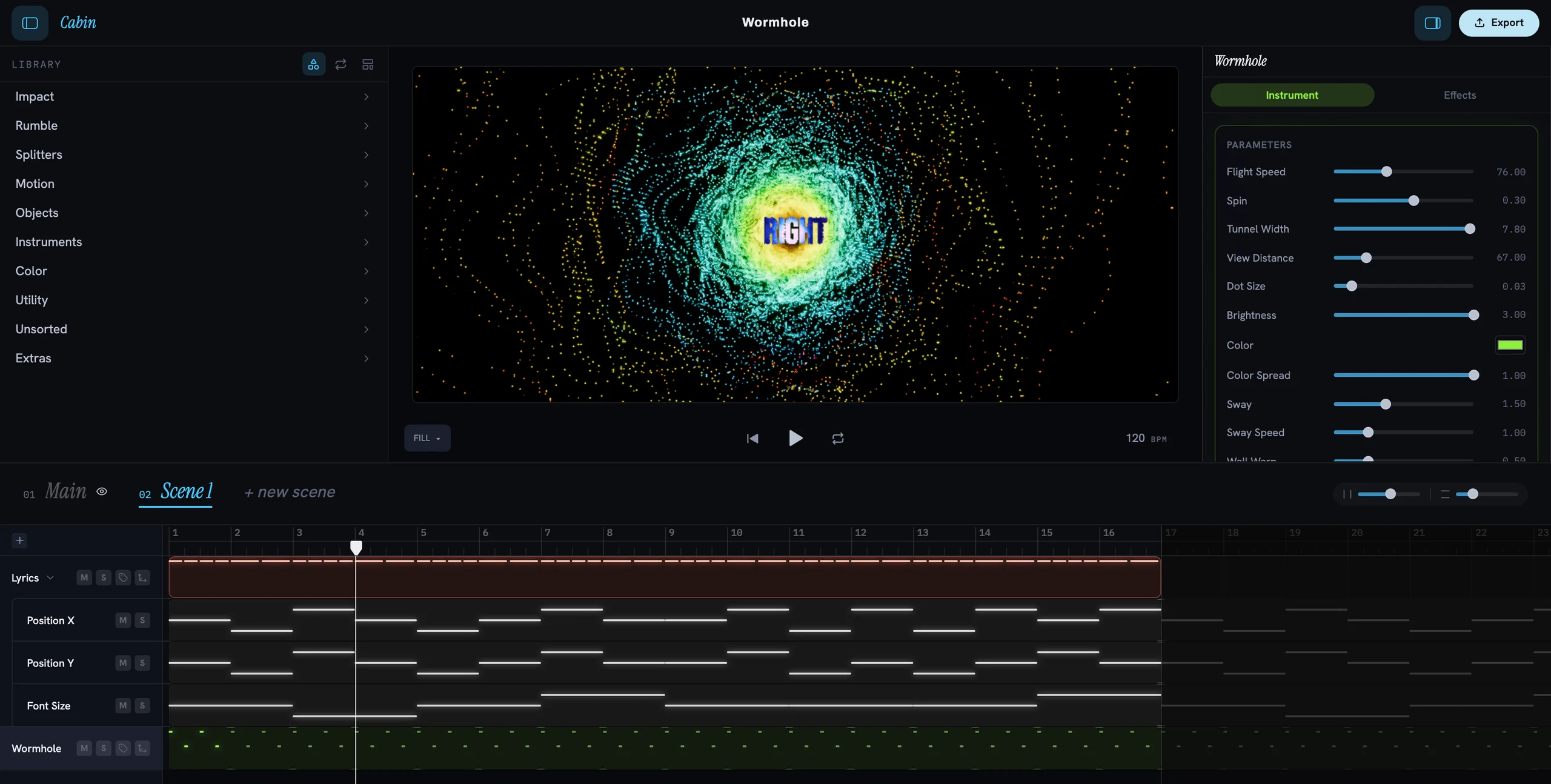 The Cabin Visuals editor: an instrument library, a 3D preview of a glowing particle tunnel with a lyric on it, an instrument parameter inspector, and a MIDI timeline underneath
